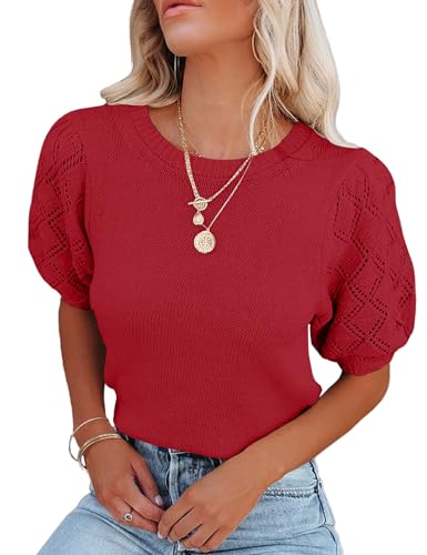 Image of Womens Short Sleeve Sweaters Crewneck Knit Pullover Tops 2025 Summer Casual Lightweight Crochet Blouse Shirt