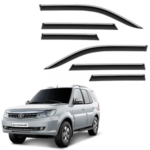 Image of CAR SAAZ Side Door Visors for Safari Storm (2012-2019) (Set of 6 Pcs) | Chrome Lined Rain Guards, Polycarbonate, Smoke Finish