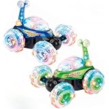Haktoys 2-Pack Rechargeable RC Tornado Stunt Cars – Remote Control Flip Trucks with 360° Spins & Turbo Twister Action | Double-Sided Stunt Vehicles for Kids Toddlers Boys & Girls (Green & Blue)