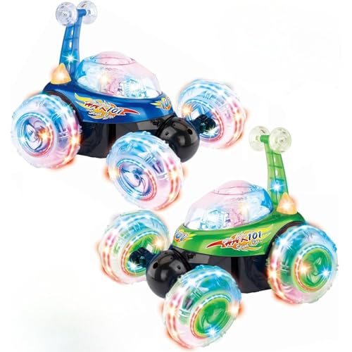 Haktoys 2-Pack Rechargeable RC Tornado Stunt Cars – Remote Control Flip Trucks with 360° Spins & Turbo Twister Action | Double-Sided Stunt Vehicles for Kids Toddlers Boys & Girls (Green & Blue)