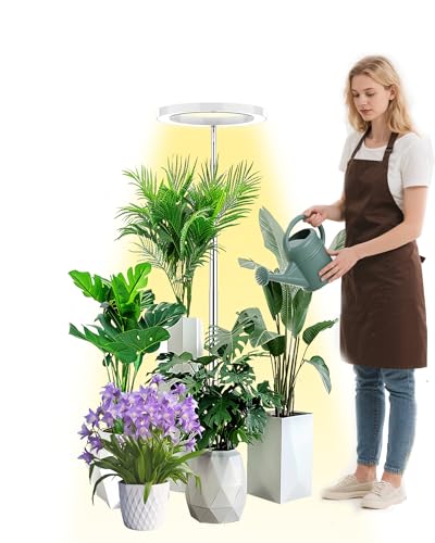 beautiebeam Lámpara LED espectro completo para plantas, Luz de crecimiento ajustable 35-155cm, Temporizador 8/12/16h, 10 niveles, Cable 4m, 5V, Blanco