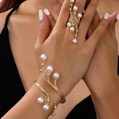Statement Pearl Cluster Gold Rings Bracelet for Women Trendy Pearls Beads Wrap Silver Open Finger Ring Vintage Bracelets Dainty Y2K Party Jewelry Gift3