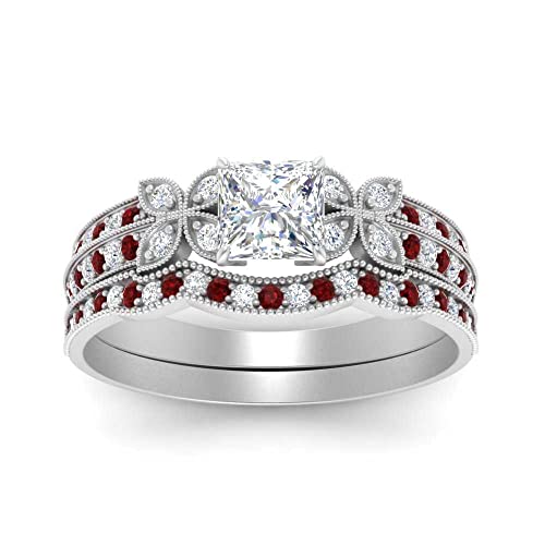 Image of Choose Your Gemstone Milgrain Petal Diamond CZ Wedding Ring Set 925 Sterling Silver Princess Shape Wedding Ring Sets Lightweight Office Wear Everyday Gift Jewelry US Size 4 to 12