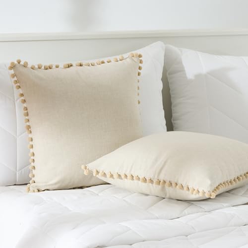 Image of 100% Cotton Pom Pom Cushion with Filler, Elegant & Modern Cushion Cover for Living Room, Square Shape, 20 inchx20 inch, uni Chambray, Set of 5 - Beige