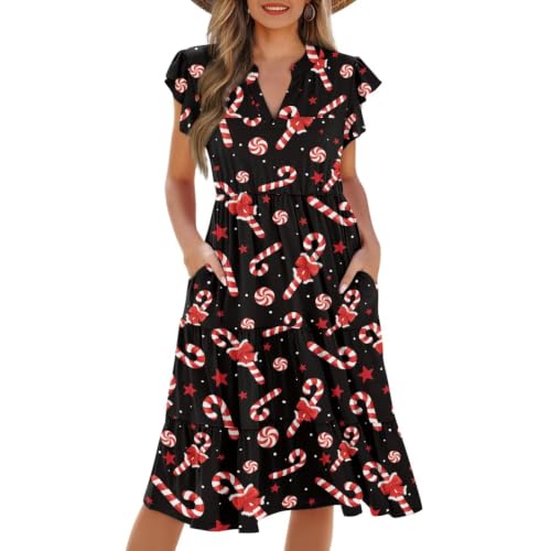 Image of Womens Summer Dress Ruffle Sleeve V Neck Dress Casual Fit Flowy Beach Vacation Sundress with Pocket S-2XL