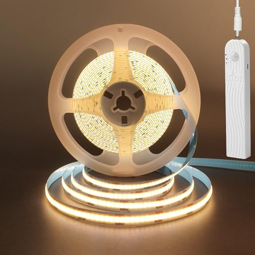 Clearhill 5V Motion Sensor Dimmable USB Rechargeable COB LED Strip Lights,Built-in 1500mAh Battery,Three Modes,9.84FT/3M,Warm White 3000K,320LEDs/M,Night for Closet,Wardrobe,Bed,Stairs,Kitchen