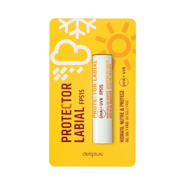 Protecteur à lèvres 4 g FPS 15 Deliplus. Beurre de karité, vitamine E, huile d'avocat et filtres solaires.