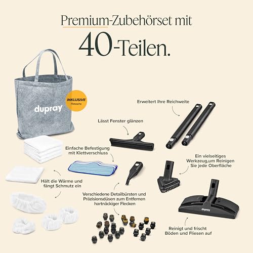 Dupray Neat Plus Dampfreiniger – Vielseitiger Hochleistungs-Dampfreiniger für Zuhause: Böden, Möbel, Autos und mehr (EU-Stecker, Neat Plus + 40 Zubehörteile)