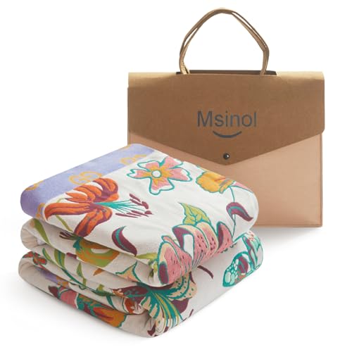 Msinol Floral Throw Blanket Pure Cotton Ultra Soft Lightweight Blanket Reversible Farmhouse Blankets Reversible Rustic Throw for Sofa Couch (60