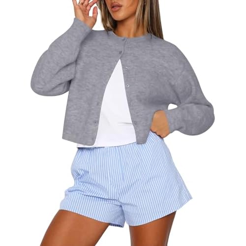 Kistore Womens Cropped Cardigan Sweaters Crew Neck Long Sleeve Button Up Sweaters Lightweight Knit Trendy Sweaters 2026 A-grey X-Small