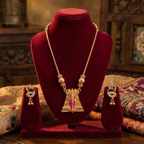 Image of Traditional Gold-Plated Lakshmi Temple Pendant Necklace Set for Women | Antique South Indian Jewelry with Jhumka Earrings | Ethnic Bridal, Wedding & Festive Jewelry Set