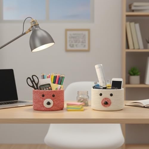 Image of Teddy Eco-Friendly Cotton Rope Basket Set of 2 (6x6 Inch) - Remote Holder for Living Room & Remote stand for Table, Makeup organisers, Jute Planter Basket & Jute Pots for Plants (Red & White)
