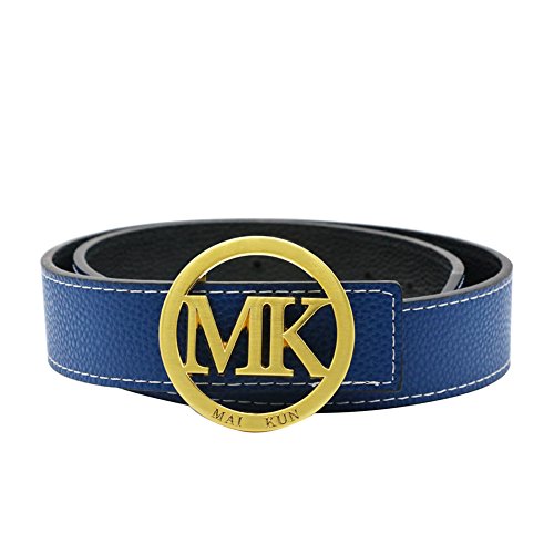 Maikun Belts for Men Women MK Letter Gold Buckle 38mm Blue Leather Adjustable Belt 120cm for Waist Size 36-38