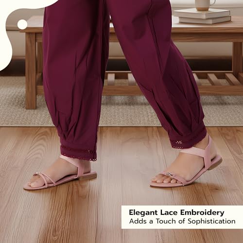 Image of Happy Bunny Women's Cotton Afghani Salwar with Lace Embroidery Detailing - Elastic Waist, Comfortable Loose Fit Bottoms for Casual, Ethnic