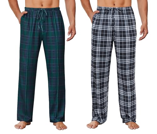 Ekouaer Paquete de 2 Largos Pantalones de Pijama para Hombre Descanso o Dormir Ropa Cómoda Cuadros Gris + Cuadros Verde L