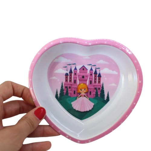 Kit 2 Peças: Prato e Tigela Infantil em Forma de Coração com Estampa de Princesa e Castelo, Rosa