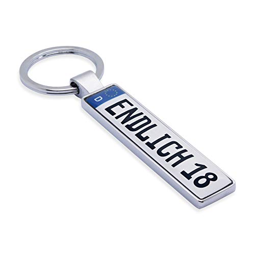 Preisvergleich Produktbild 4macs Hochwertiger Schlüsselanhänger Metall Anhänger Geschenk Varianten: ENDLICH 18" / "Gute FAHRT 18. Geburtstag Führerschein 1. Auto Abitur Muttertag Vatertag Ostern Silber grau ENDLICH 18