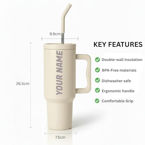Image of Speedex 1200 ml Customized Name Insulated Stainless Steel Tumbler with Handle, Straw & Cleaning Brush, Personalized Sipper Bottle, Double Wall Leakproof Travel Mug Gift (Cream, 1.2 l)