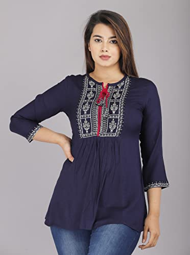 Image of Shiva Fab Short Kurti for Women | Embroidered Straight Rayon Kurta | Round Neck Full Sleeves Short Kurti for Women's