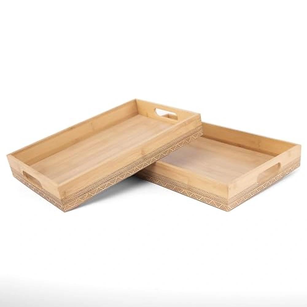 RS02181 Set de 2 Bandejas de Bambú Natural Rectangulares, Bandeja de Sirvir con Asas Doble Diseño y Detalles Geométricos, para Cocina, Mesa y Desayuno