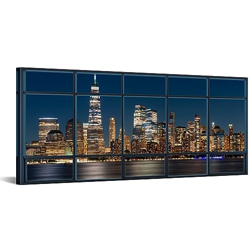 Iknow Foto Large Canvas Wall Art View Of Manhattan New York City Skyline Buildings From Window Picture Prints Empire State Building And Skyscrapers In Gorgeous Breathtaking Penthouse 20X48 Inches cover