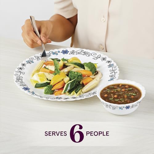 Image of Larah by Borosil Silk Series Blue Iris Opalware Dinner Set | 27 Pieces for Family of 6 | Microwave & Dishwasher Safe | Bone-Ash Free | Crockery Set for Dining & Gifting | Plates & Bowls | White
