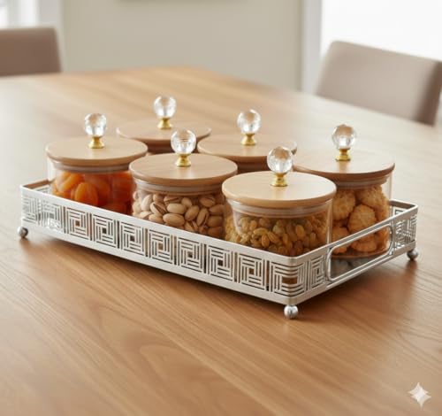 Image of Diwali Serving Dry Fruit, 6 pcs Glass Container Serving Tray Set | 600 ML Each Premium Design Air-Tight Lid Snack Organizer Tray Copper Stand Wooden Lid jar Silver