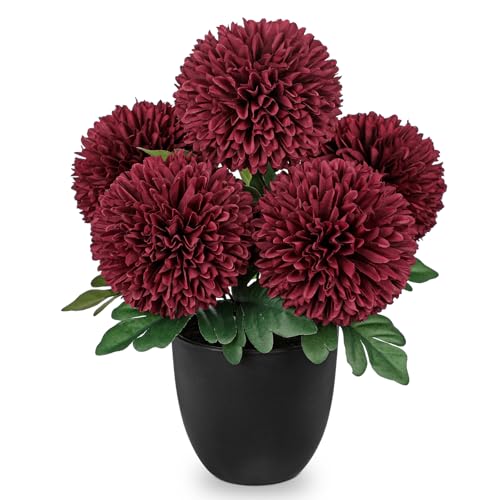 Image of Briful Burgundy Artificial Mums - Realistic Silk Fall Chrysanthemums in Black Pot, Faux Potted Flowers for Home, Table Centerpiece, Porch, Indoor & Outdoor Autumn Decor