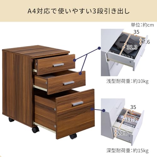 ぼん家具 デスクワゴン サイドチェスト キャビネット キャスター付き A4対応 大容量 3段 幅40.2×奥行42×高さ59.7cm 引き出し 収納チェスト ホワイト [5]