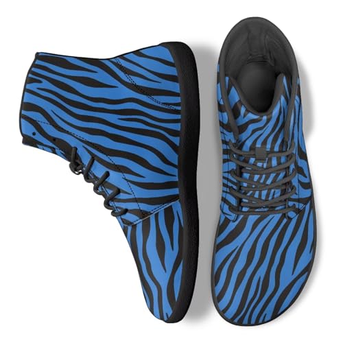 Binienty Men's Blue Zebra Print Barefoot Sneakers High Top PU Leather Lace Up Minimalist Shoes Ankle Support Winter Boots for Casual Daily Wear, US 7.5