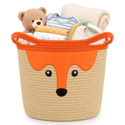 Image of Cute Fox Basket for Nursery, Large Blanket Gift Basket,14 inchDx11 inchH | Woven Rope Cotton Storage Baby Laundry 0rganizer with Animal Ears Handles,Towels Toy Clothes Gifts Storage Fox Lover Bin