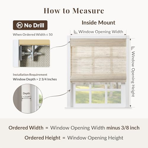Image of TWOPAGES Cordless No Drill Roman Shade Customized Ramie Paper Roman Blind Blackout Roman Window Shade for Indoor Windows, Beige Brown, 1 Piece