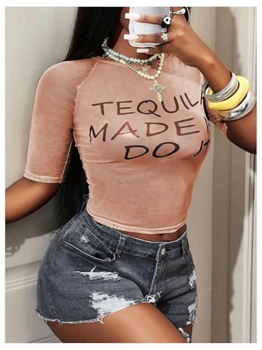 Image of RoseSeek Women's Sheer Mesh Letter Graphic Tees Short Sleeve Crew Neck Y2K Vintage Summer Going Out Crop Tops