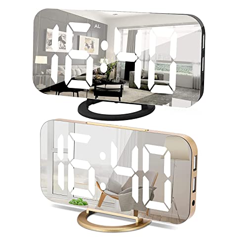 Ygon Two Mirror Alarm Clock, Led Digital Clock For Bedrooms, Snooze, Brightness, Nightstand Clock(Black And Gold) #TOP4