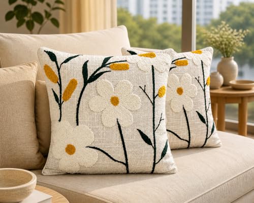 Image of Prista Hand Embroidered Cushion Covers Set of 2 | Minimal White Floral Tufted Design | 16x16 Inch Boho Sofa Covers | Cotton | 40 cm x 40 cm | Hidden Zipper | Living Room Bedroom Decor (Minimal Floral)
