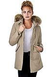 Burocs EFW28 Damenjacke Kunstfell Parka Mantel Winterjacke Kapuze Warm Gefüttert Waschbar Schwarz Navy Khaki, Größe:S, Farbe:Beige
