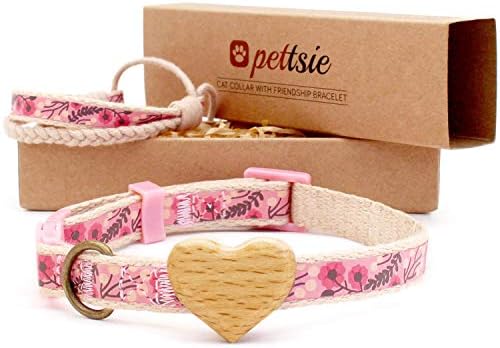 Pettsie Cat Collar Breakaway Safety with Heart and Friendship Bracelet for You, Soft 100% Cotton for Extra Comfort, Strong and Durable, Easy Adjustable Size 8-11 Inch, Gift Box Included, Pink