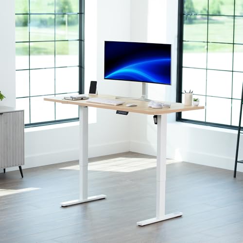 Image of VIVO Light Wood 60 x 30 in Standing Desk, DESK-KIT-1W6C-30 | Electric, Holds 220 lbs, Sit Stand, Height Adjustable, Extra Deep Table Top, Memory Presets, 1B Series, White Frame