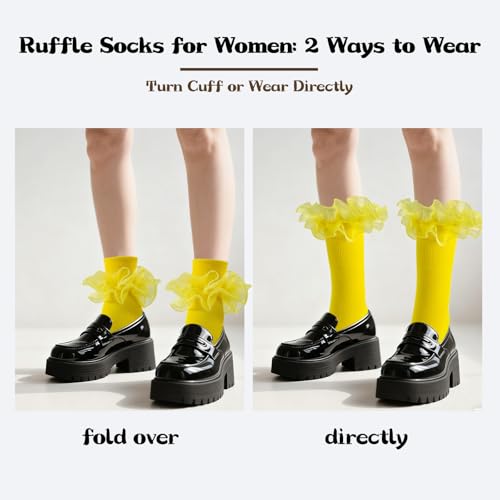 Image of Women Big Ruffle Ankle Socks Adult Double Lace Frilly Turn Cuff Dress Socks Cotton Cute Fancy Bobby Crew Socks