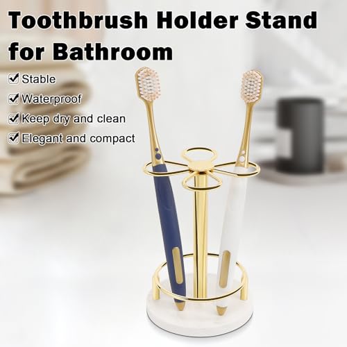 Image of Toothbrush Holder Stand for Bathroom, Metal Toothbrush Organizer with Marble Base, Toothbrush Storage Collection for Family, Suitable for Home Hotel Countertop Vanity (Small, Gold)