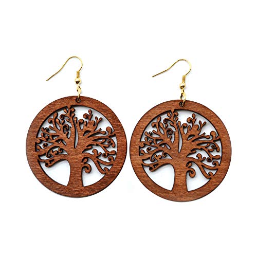 2 Pairs Bohemian Lightweight Wooden Tree of Life Dangle Earrings Handmade Teardrop Round Wood Earrings for Women4