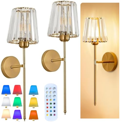 Image of NYRWANA Pack of 2 Rechargeable Modern LED Wall Lamp with Remote Control, 3 Color Temperature, Dimmable Brightness, Timer Function, Wireless Wall Light for Bedroom, Living Room, Bedside Decor (Glass)