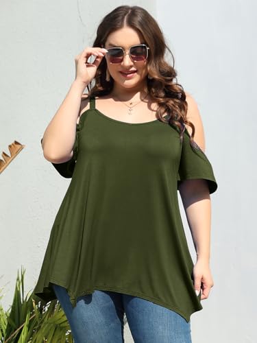 Image of LARACE Cold Shoulder Tops for Womens Summer Clothes Spaghetti Strape Tunic Oversized Shirts Asymmetrical Plus Size Blouse