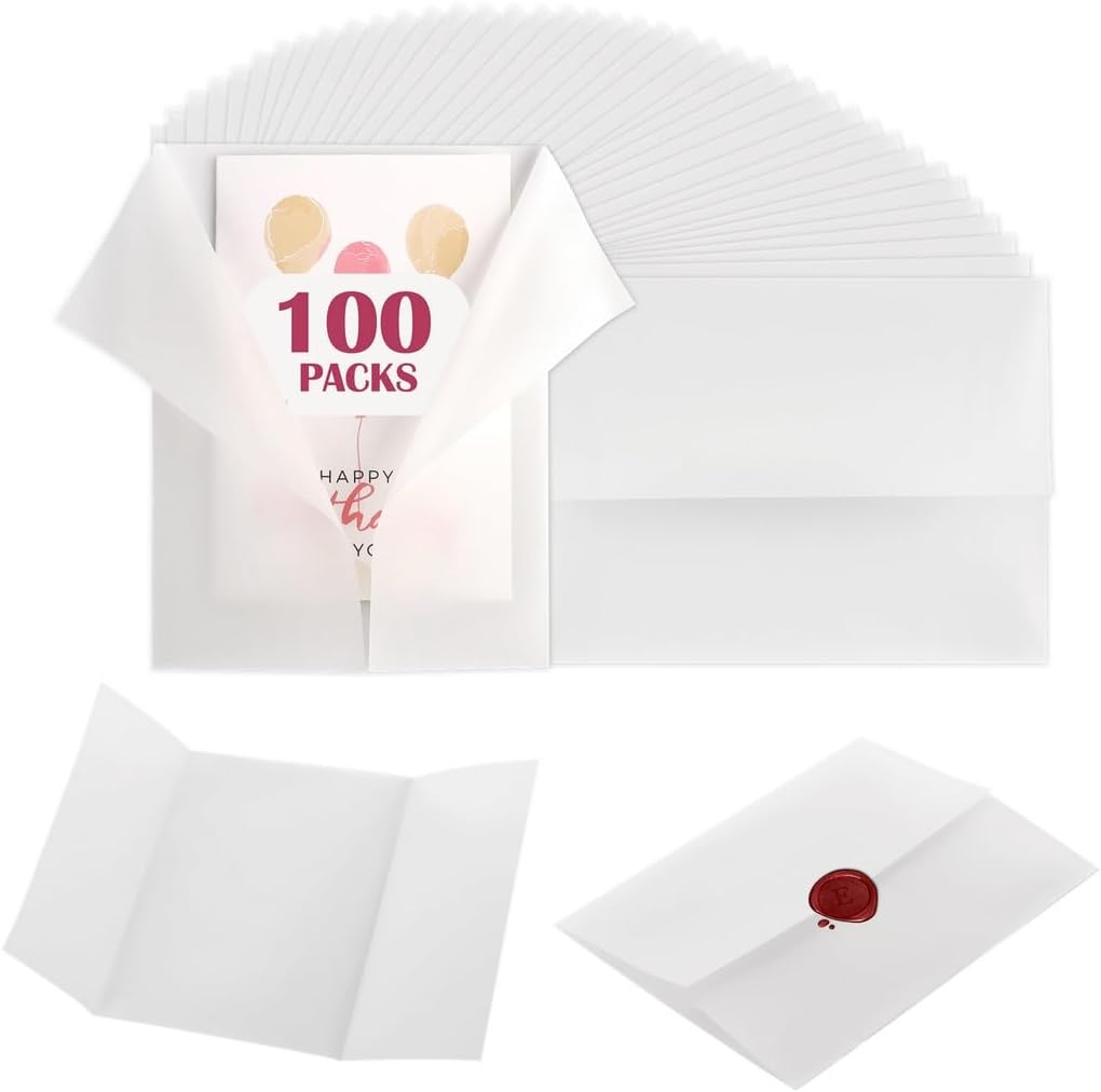 100-Pack Translucent Vellum Paper for 5X7 Invitations, 5 X 7 Inches Vellum Jackets Set, Pre-Folded Invitations Wraps for Birthday Wedding Party