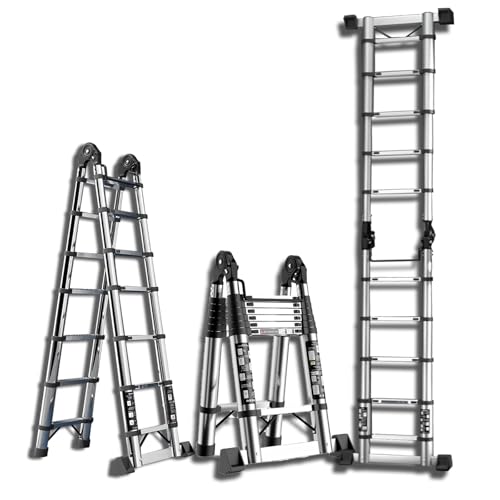 YUEWO Échelle Télescopique 5m Portable en Acier Inoxydable Double Face (2.5+2.5m) Extensible, Capacité de Charge 150kg avec 2 Pieds Anti-Dérapants pour Travaux Extérieurs & Jardinage