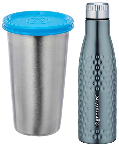 Image of Signoraware Aace Hammered Single Walled Stainless Steel Fridge Water Bottle, 1000ml, Brown + Stainless Steel Tumbler, Blue Combo