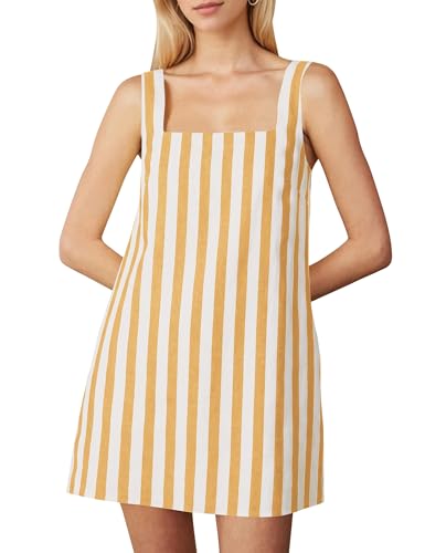 Image of Burtell Summer Sleeveless Cotton Linen Mini Dresses for Women Casual Square Neck Backless Short Dress Solid Tank Shift Dress