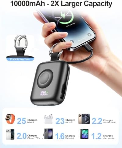 Portable Charger 3 in 1, Smaller 10000mAh Built-in Cables 22.5W Power Bank | Travel Essentials, Fast Charging, Keychain Battery Pack for iPhone17/16/15/14/13, Android, iWatch Ultra/11/10/9/8, Black