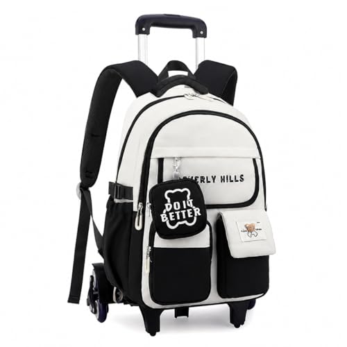 Image of PALAY Trolley School Bag Black White Polyester School Bag with Wheels Large Capacity Children's Trolley Backpack with Mini Pouch Waterproof Multi-Compartments Rolling Backpack for Elementary, Middle