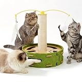 Cat Nail File Enrichment Box with Scratching Post, Sandpaper Scratcher Base, Interactive Cat Scratch Puzzle Box with Rotating Teaser & Bell Balls for Indoor Cats